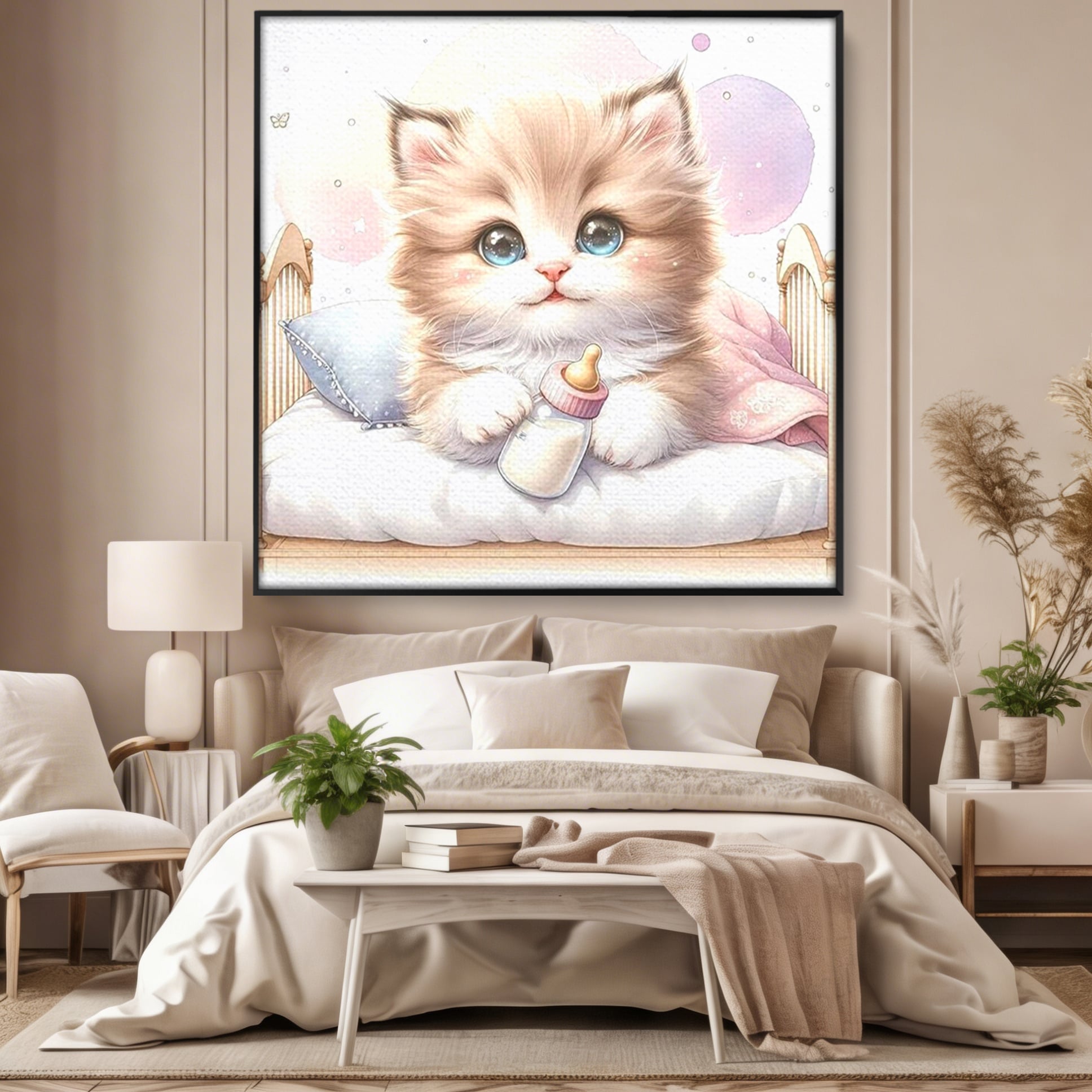 Tablou canvas cu ilustratie cu pisicuta pufoasa in patut, in rama de aluminiu negru, pe perete intr-un dormitor